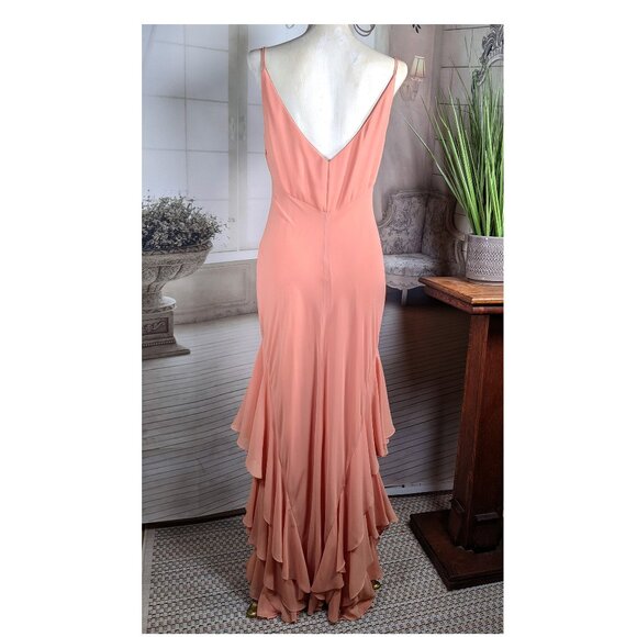 Cachet Lovely Pink Peach Chiffon Ruffle Evening Dress Long Gown sz 8 V-Neck - Picture 5 of 10